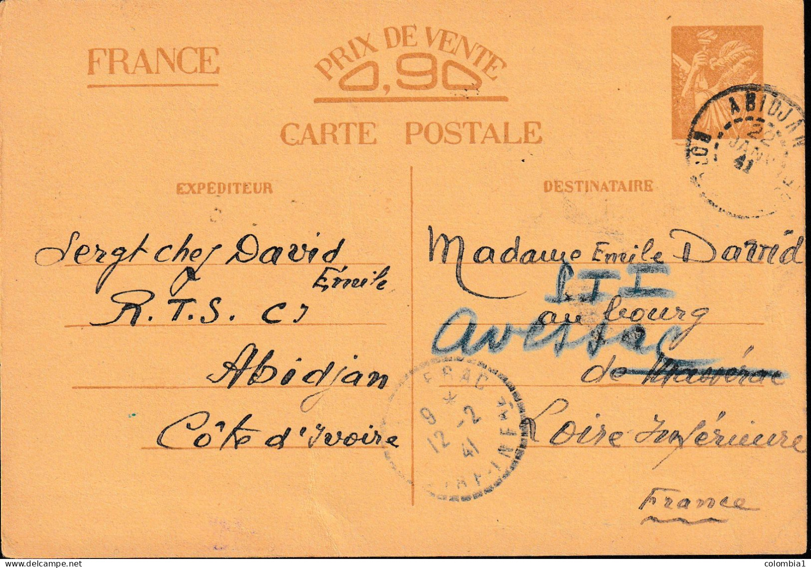 Cote D'Ivoire ENTIER IRIS SUR CARTE INTERZONE ABIDJAN 22 Janvier 1941 - Lettres & Documents