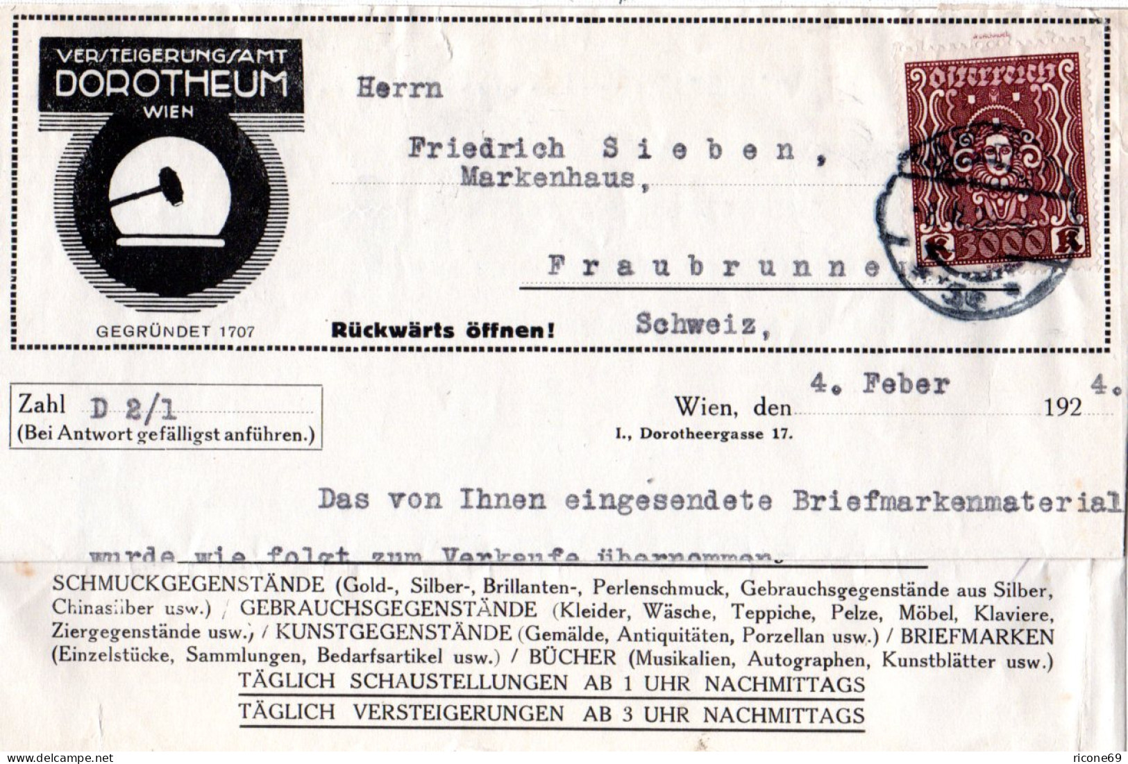 Österreich 1924, 3000 K. Auf Dorotheum "Faltpost"-Brief V. Wien I.d. Schweiz - Lettres & Documents