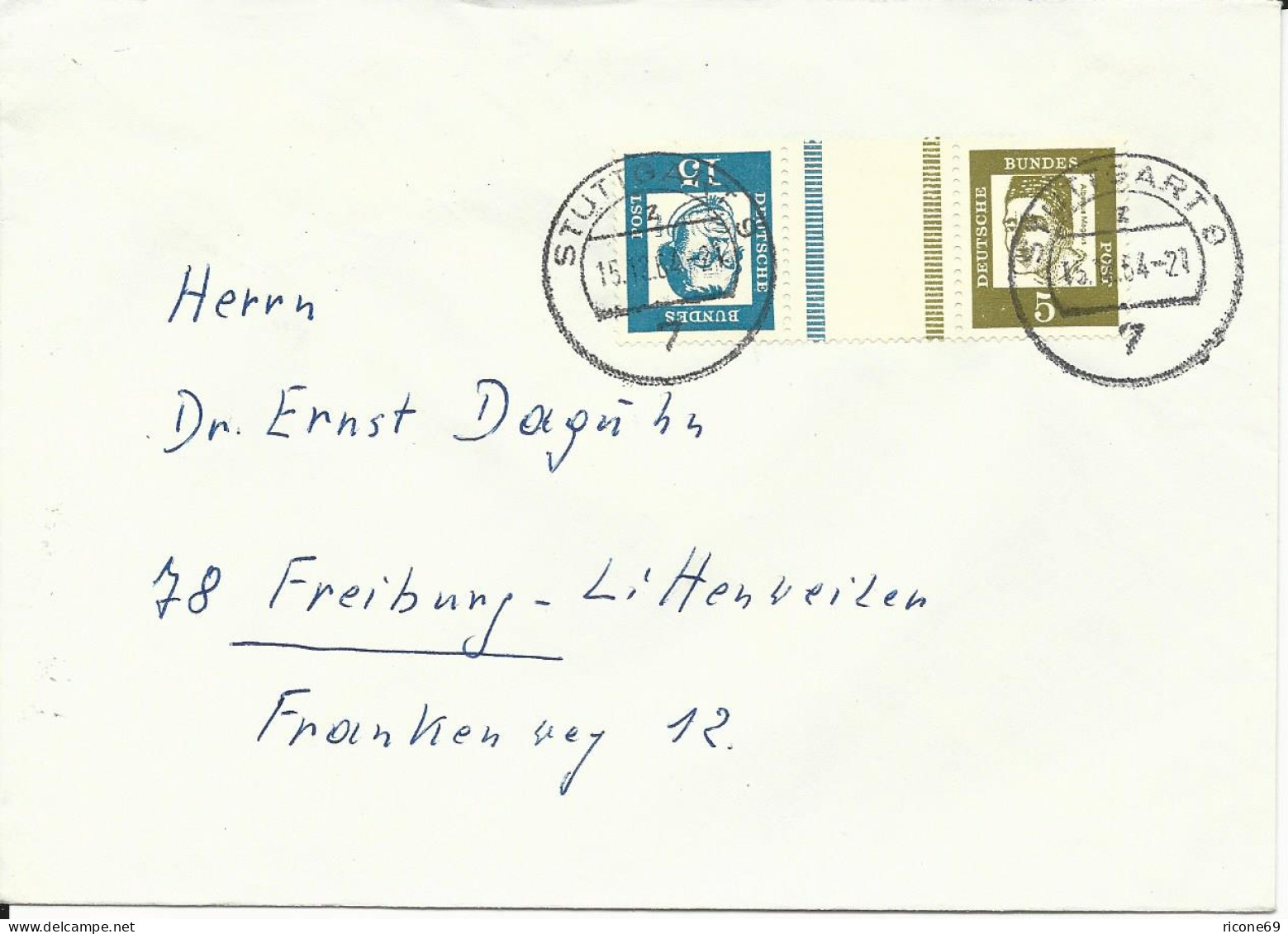 BRD 1964, Zusammendruck KZ 2, 5+15 Pf. M. Zwischensteg Auf Brief V. Stuttgart - Briefe U. Dokumente