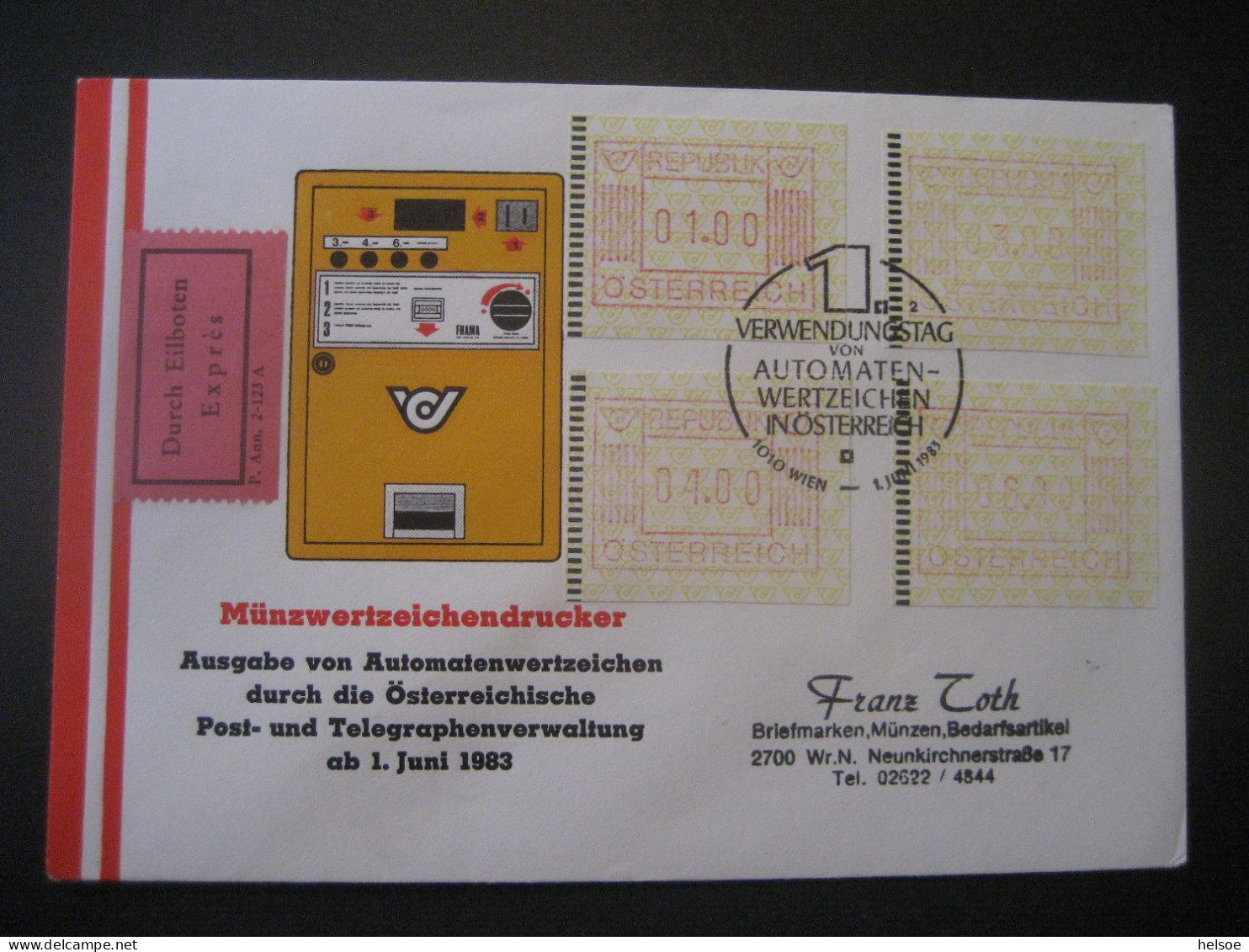 Österreich- FDC Sonder-Beleg Wertzeichendrucker Express Frama Automatenmarke 1,00, 3,00, 4,00, 6,00 MiNr. 1, - Automatenmarken [ATM]