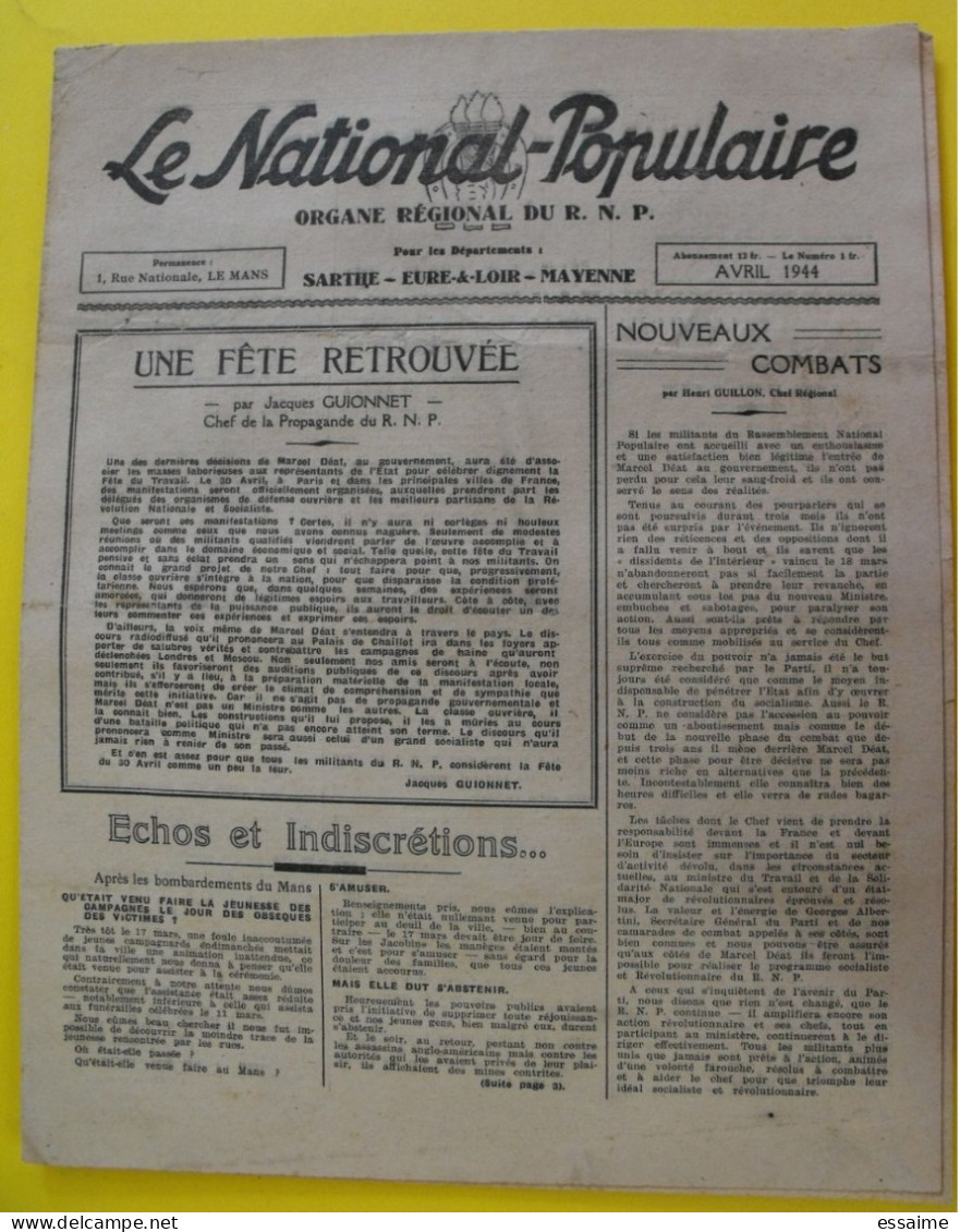 Journal Le National-Populaire. Avril 1944. RNP Sarthe  Eure & Loir Mayenne Guionnet Guillon - Andere & Zonder Classificatie