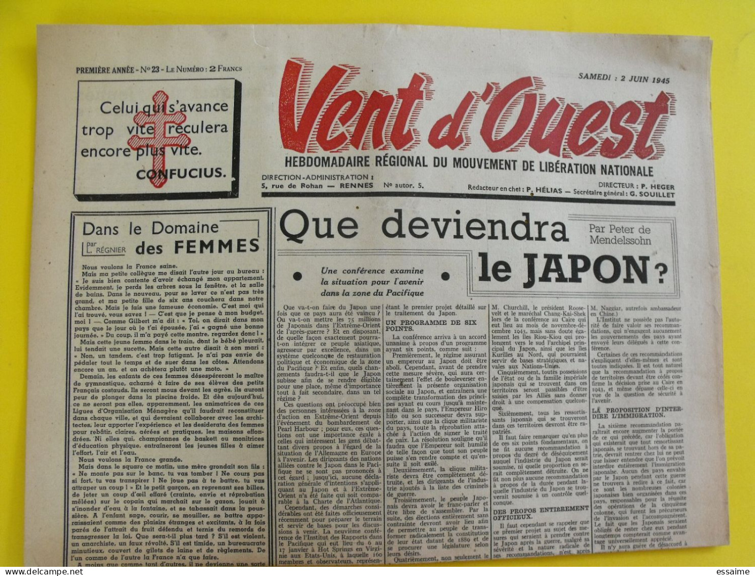Journal Vent D'Ouest N° 23 Du 2 Juin 1945 Mouvement De Libération Nationale  Japon De Gaulle - Andere & Zonder Classificatie