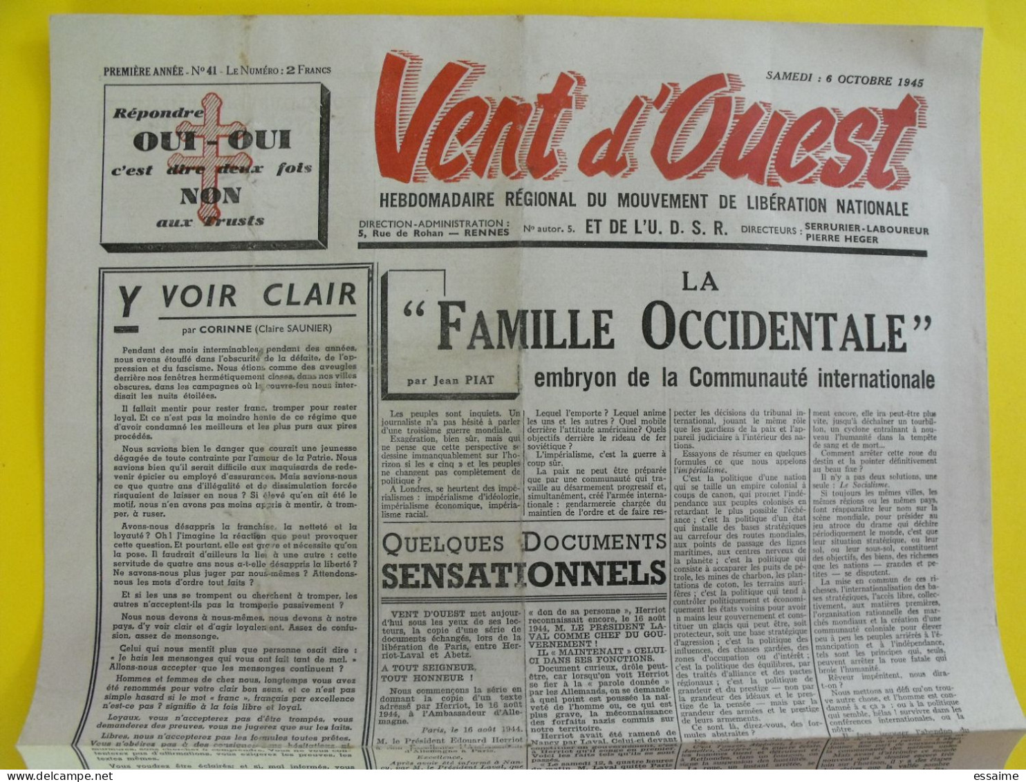 Journal Vent D'Ouest N° 41 Du 6 Octobre 1945 Mouvement De Libération Nationale De Gaulle Herriot Prisonniers Allemands - Autres & Non Classés