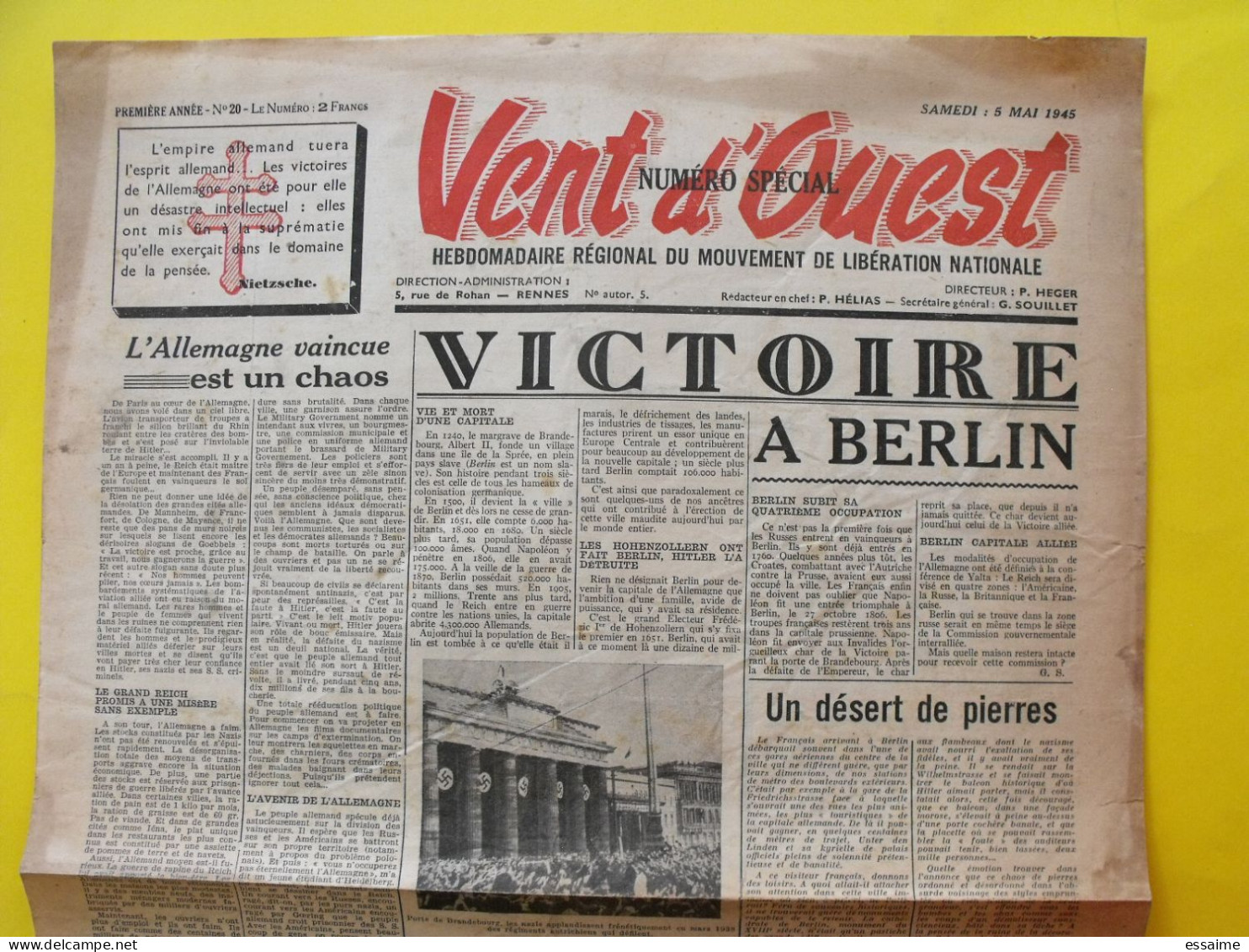 Journal Vent D'Ouest N° 20 Du 5 Mai 1945 Victoire à Berlin Allemagne Vaincue Prisonniers 8 - Andere & Zonder Classificatie