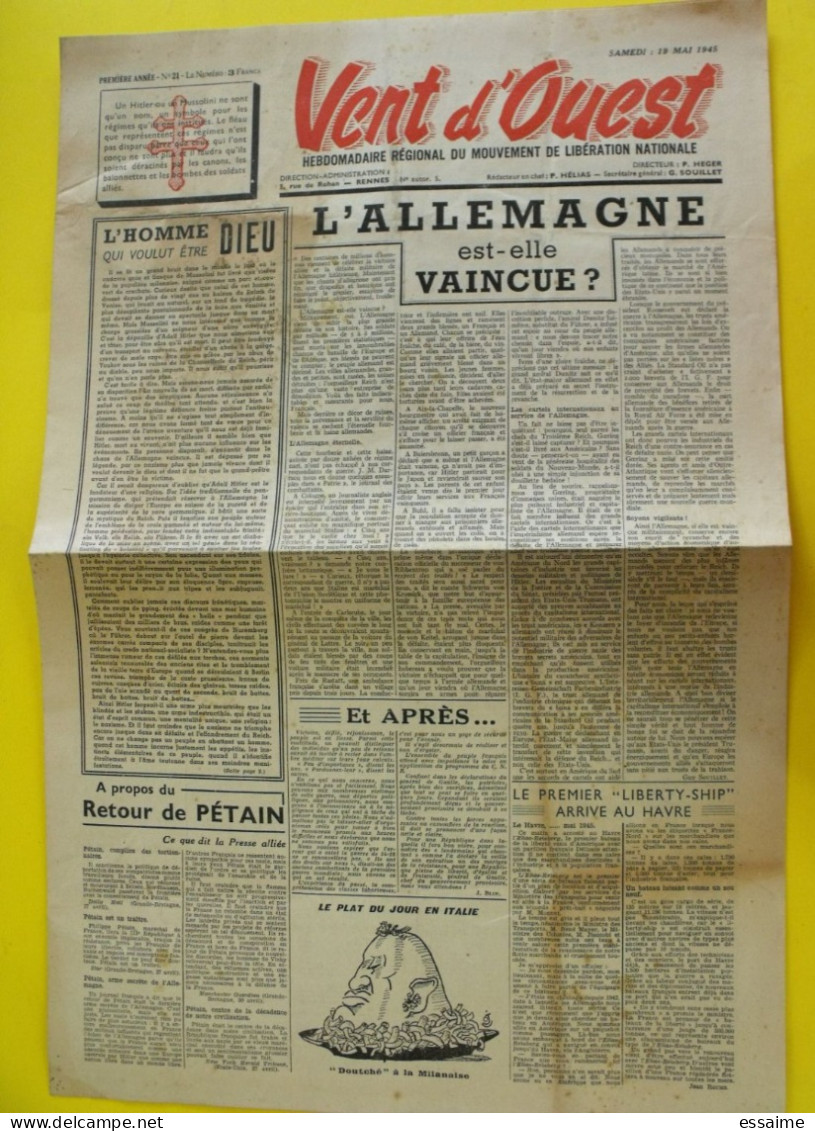 Journal Vent D'Ouest N° 21 Du 19 Mai 1945 Pétain Allemagne Vaincue Prisonniers Camps De La Mort Dachau - Andere & Zonder Classificatie