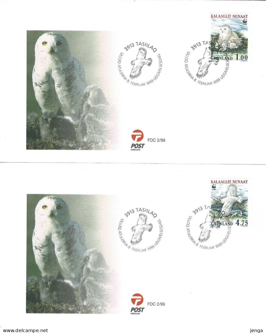 Greenland;  1999 Snow Owls - WWF Issue.  Set Of 4 In Single And Block Of 4 On FDC. - FDC