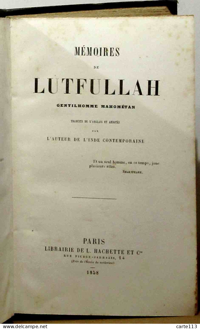 LANOYE Ferdinand De - MEMOIRES DE LUTFULLAH GENTILHOMME MAHOMETAN - 1801-1900