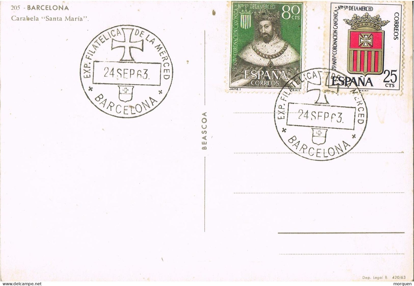 55040. Postal BARCELONA 1963, Exposicion Feria De La MERCED. Barco De COLON, Carabela Santa Maria - Storia Postale