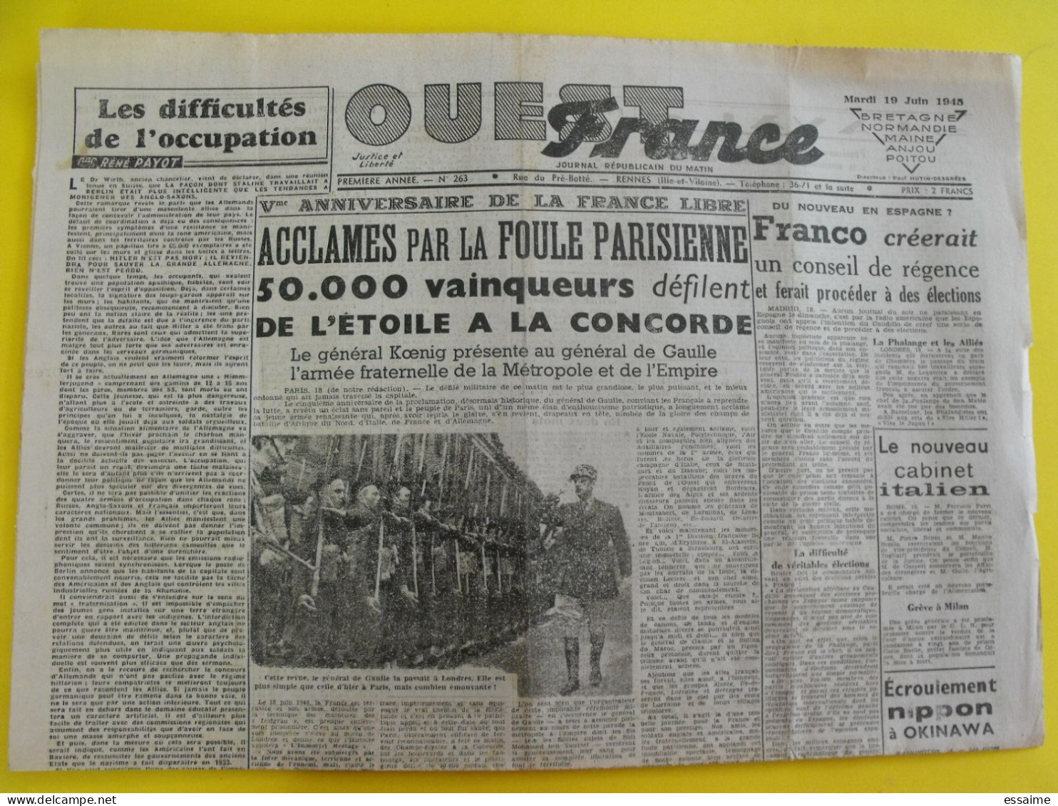 Journal L'Ouest France Du 19 Juin 1945. Guerre épuration Japon Okinawa De Gaulle Koenig Maquis Vannes Syrie - Otros & Sin Clasificación