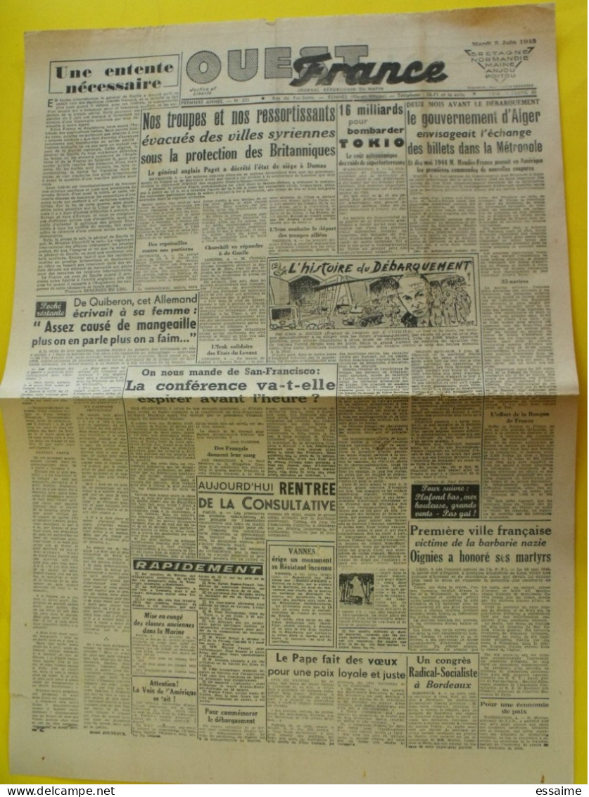 Journal L'Ouest France Du 5 Juin 1945. Guerre épuration De Gaulle Alger Oignies Japon Tokio Quiberon - Andere & Zonder Classificatie