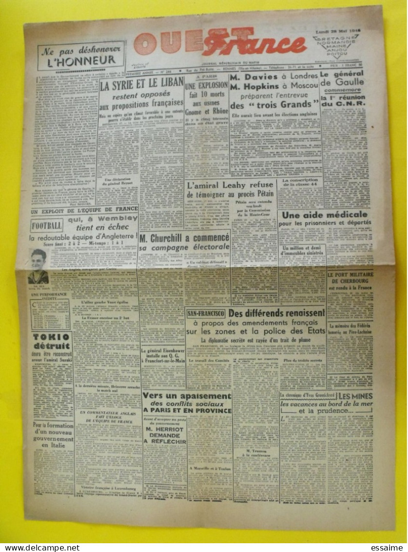 Journal L'Ouest France Du 28 Mai 1945. Guerre Liban Syrie Japon Indochine De Gaulle Pétain Herriot - Andere & Zonder Classificatie