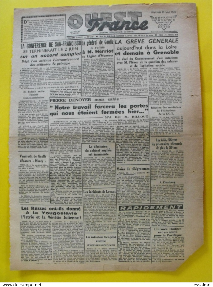 Journal L'Ouest France Du 23 Mai 1945. Guerre  De Gaulle Herriot Doenitz Tokio Scapini Billoux Bidault - Andere & Zonder Classificatie