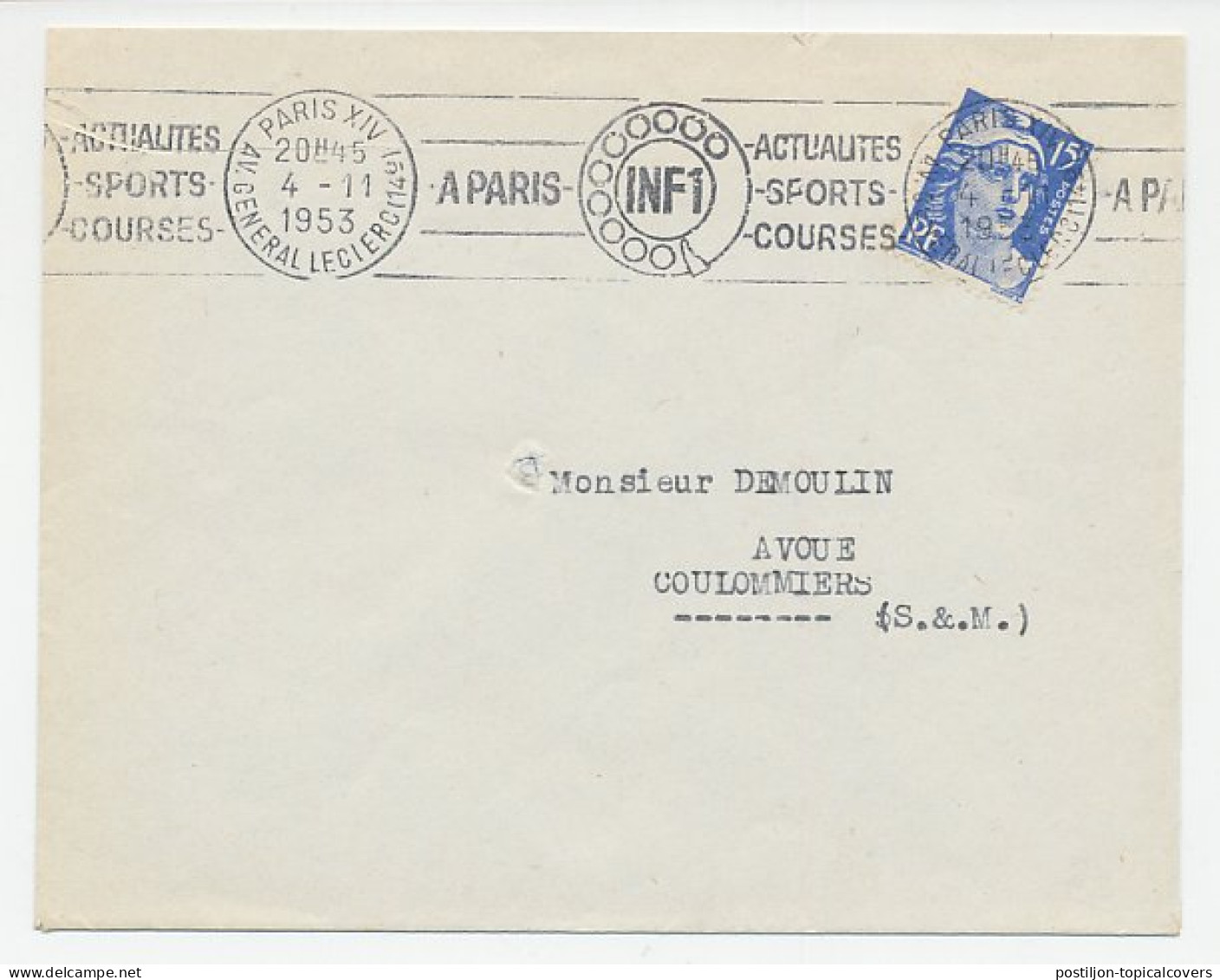 Cover / Postmark France 1953 Telephone - Current Sports Course - Autres & Non Classés