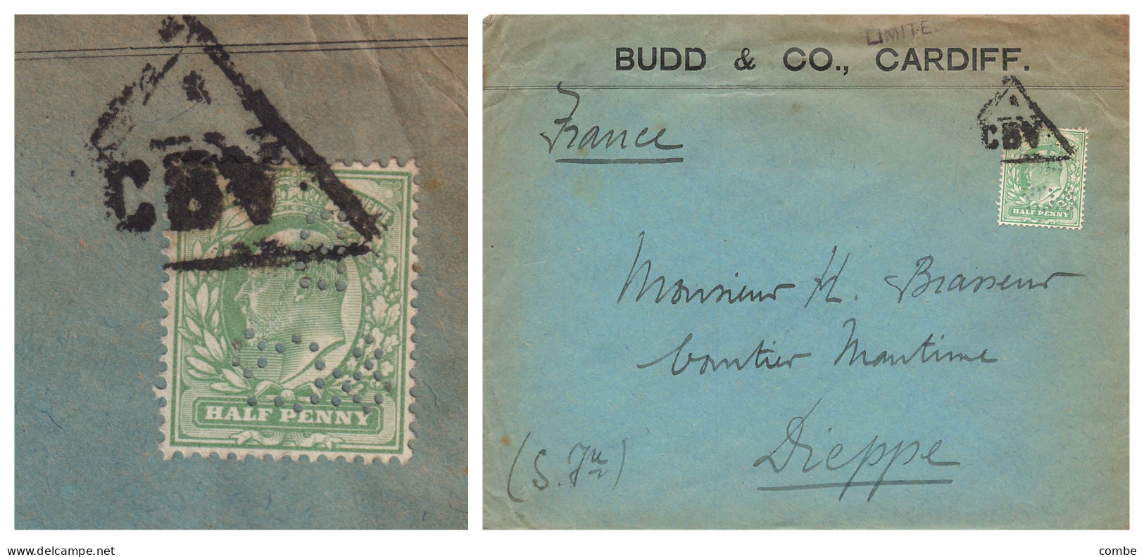 LETTRE. BUDD & C° CARDIFF. LIMITED. CBV. 1/2p PERFORE. POUR LA FRANCE - Lettres & Documents