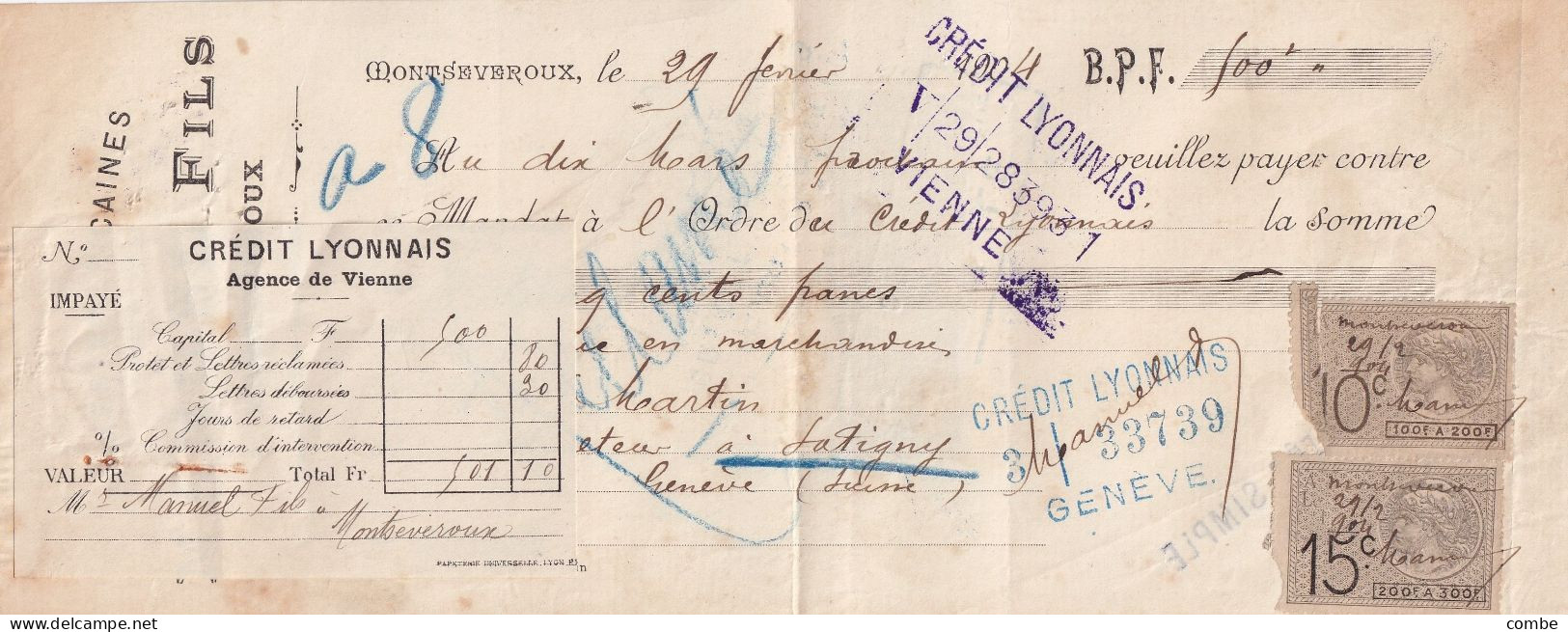 LETTRE DE CHANGE SUISSE. 29 FEV 1904. VIGNES AMERICAINES, MANUEL MONTSVEROUX. CREDIT LYONNAIS GENEVE. T. ESTAMPILLE 25c - Briefe U. Dokumente