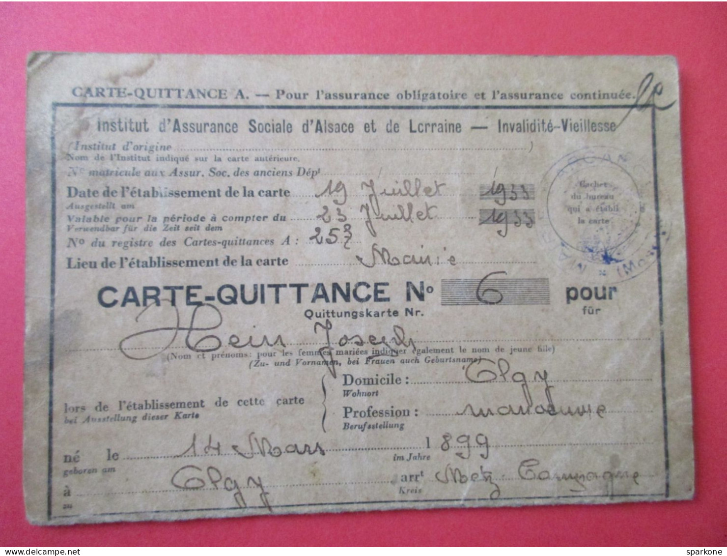 Carte Quittance A - Pour L'assurance Obligatoire Et L'assurance Continuée. établie Le 19 Juillet 1933 - Briefe U. Dokumente