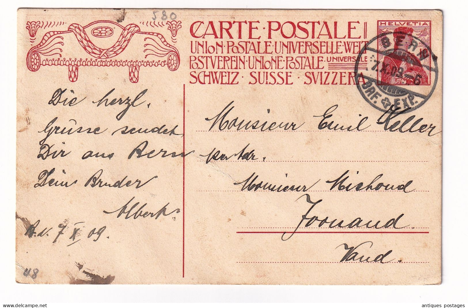 Entier Postal Bern 1909 Suisse Helvetia Monument Commemoratif De L'Union Postale Universelle - Enteros Postales