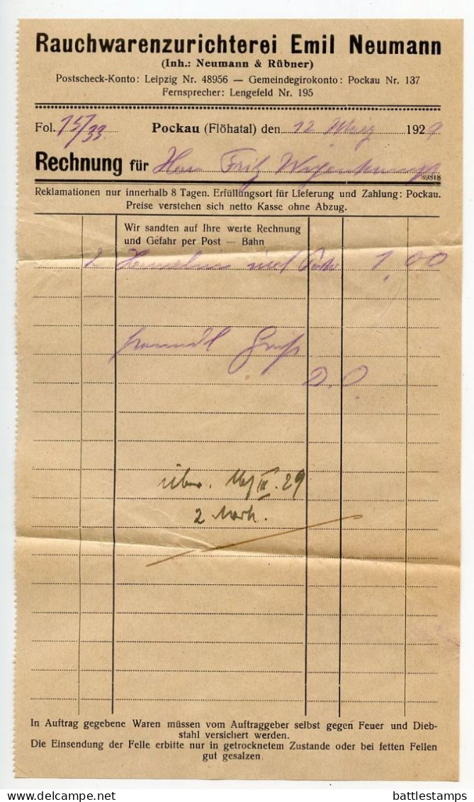 Germany 1929 Cover & Invoice; Pockau (Flöhatal) - Emil Neumann, Rauchwarenzurichterei; 30pf. Lessing - Covers & Documents