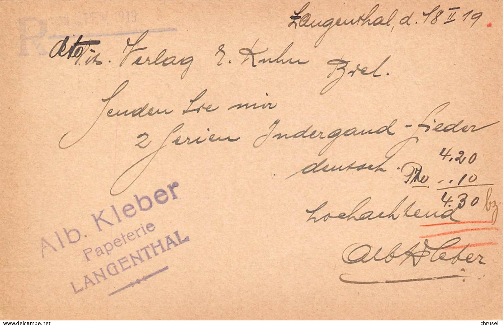 Langenthal Papeterie  Alb. Kleber  Firmen Gewerbestempel Besonderheiten - Enteros Postales