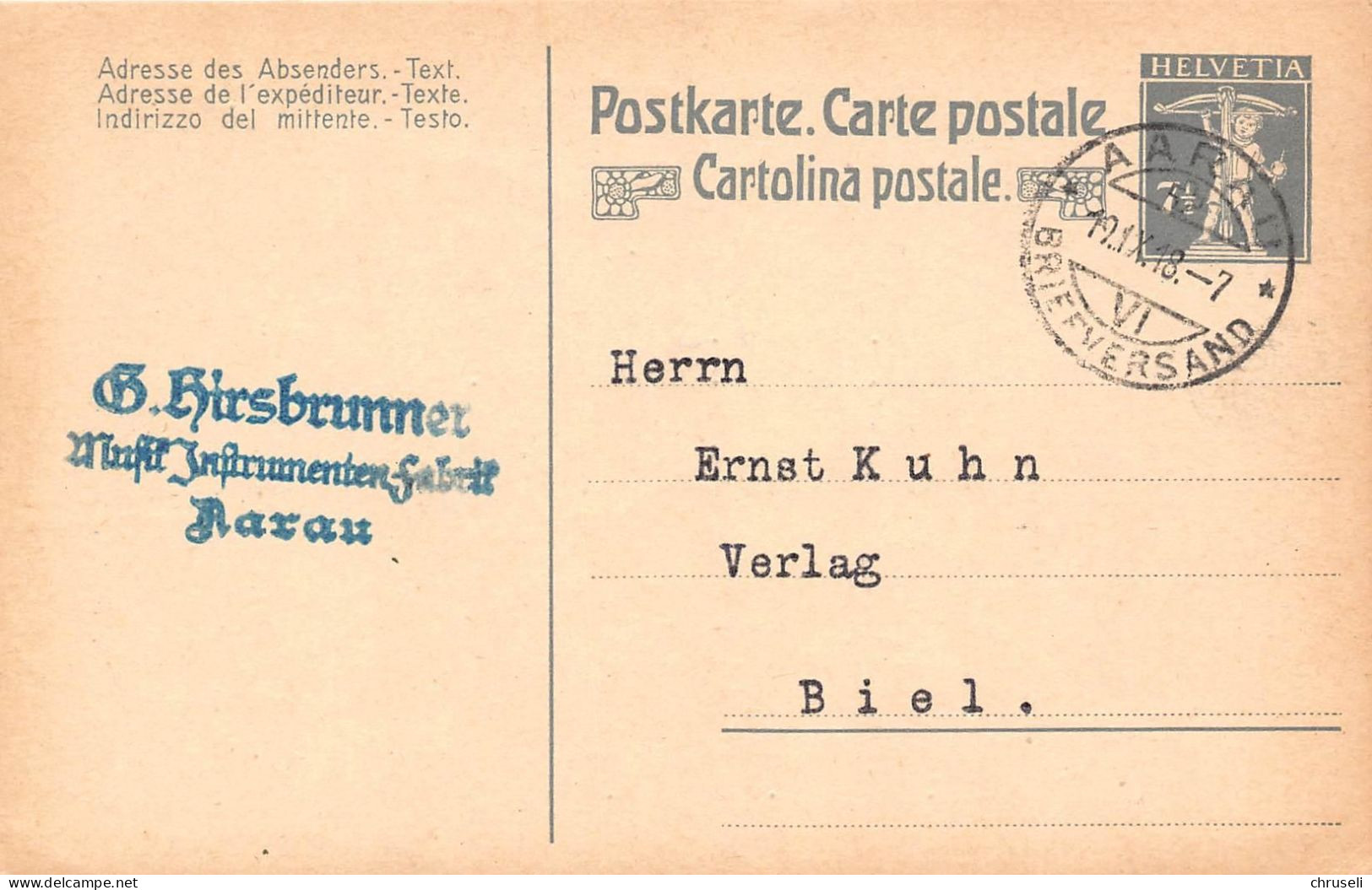 Aarau Musik Instrumenten Fabrik Hirsbrunner  Firmen Gewerbestempel Besonderheiten - Stamped Stationery