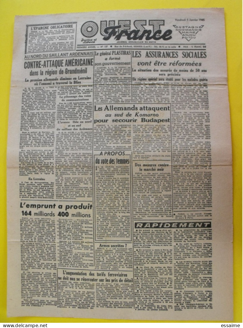 Journal Ouest France Du 5 Janvier 1945 Guerre De Gaulle épuration Lacourte Lejeune Grèce Plastiras Angers - Altri & Non Classificati