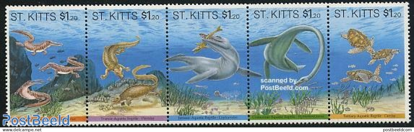 Saint Kitts/Nevis 1994 Prehistoric Animals 5v [::::], Mint NH, Nature - Prehistoric Animals - Turtles - Prehistorics