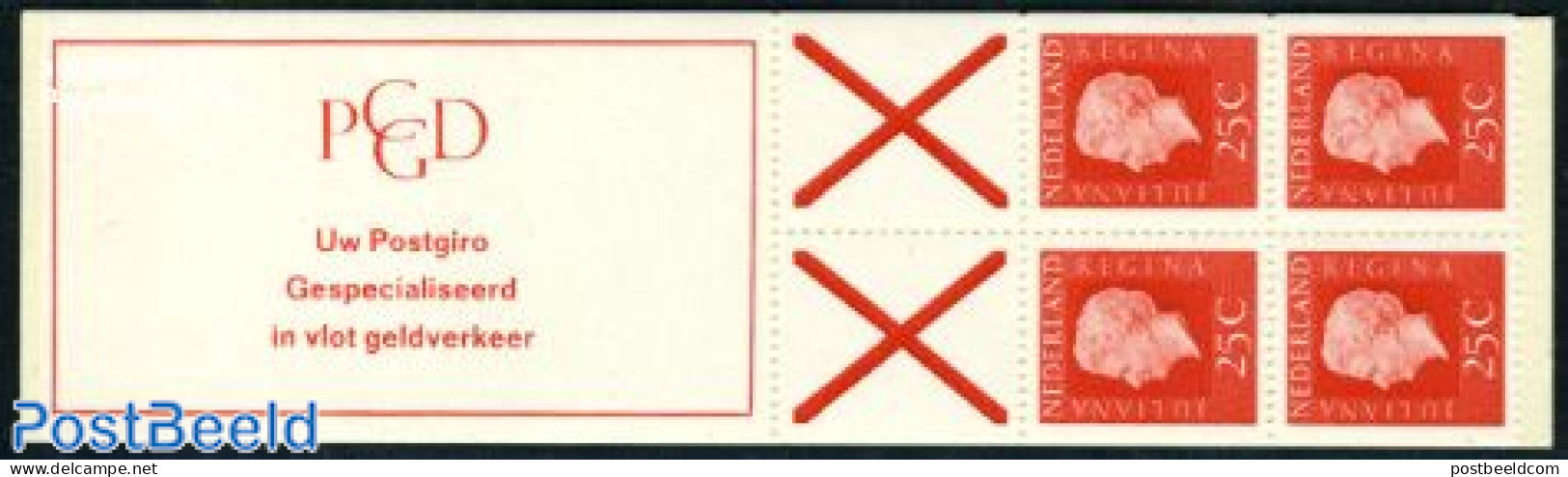 Netherlands 1969 4x25c Booklet, Phosphor, Text: Uw Postgiro Gespeci, Mint NH, Stamp Booklets - Ungebraucht