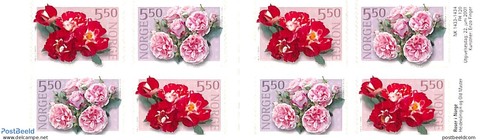 Norway 2001 Roses Booklet, Mint NH, Nature - Various - Flowers & Plants - Roses - Stamp Booklets - Scented Stamps - Ungebraucht