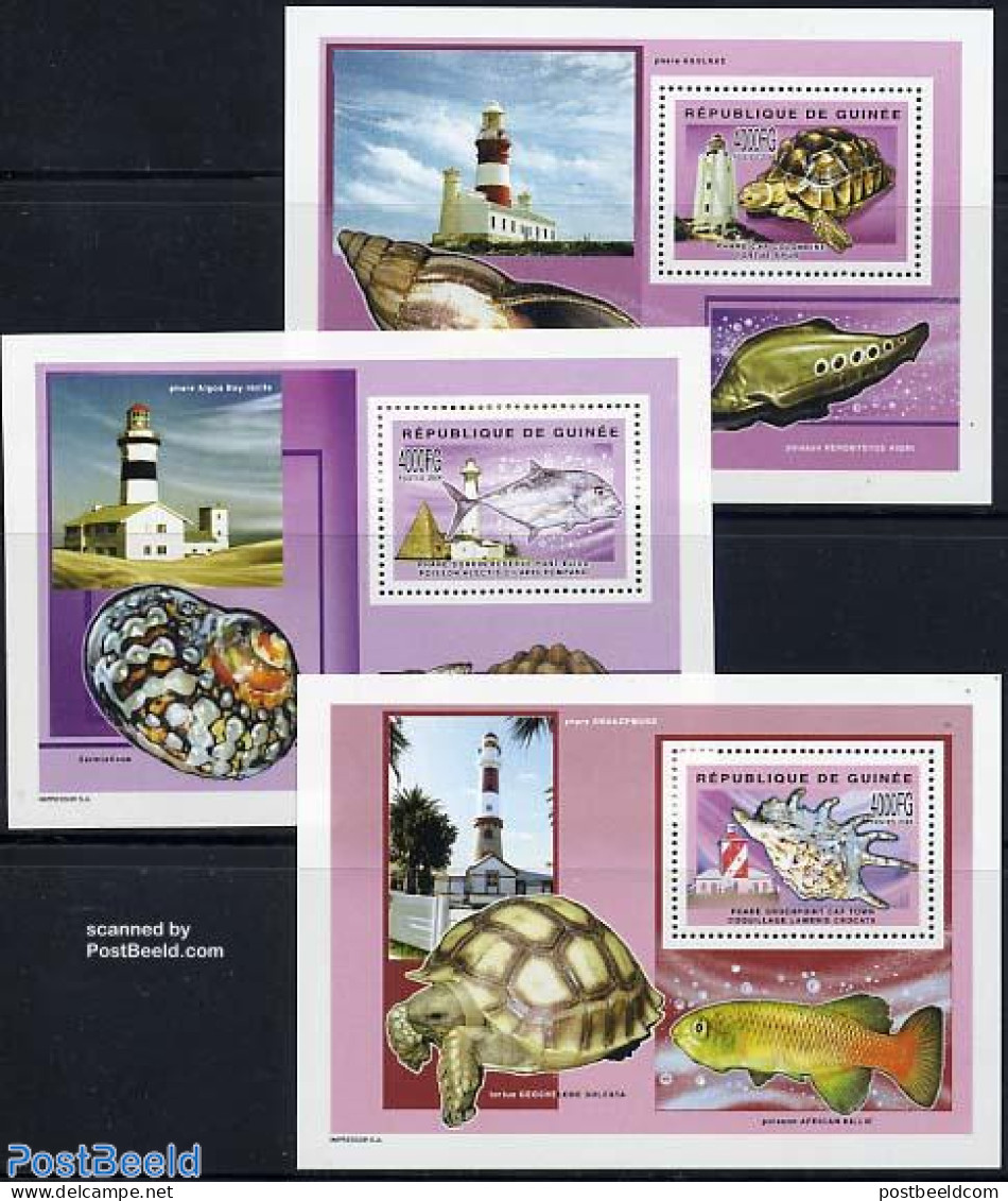 Guinea, Republic 2004 Lighthouses 3 S/s, Mint NH, Nature - Various - Fish - Shells & Crustaceans - Turtles - Lighthous.. - Pesci