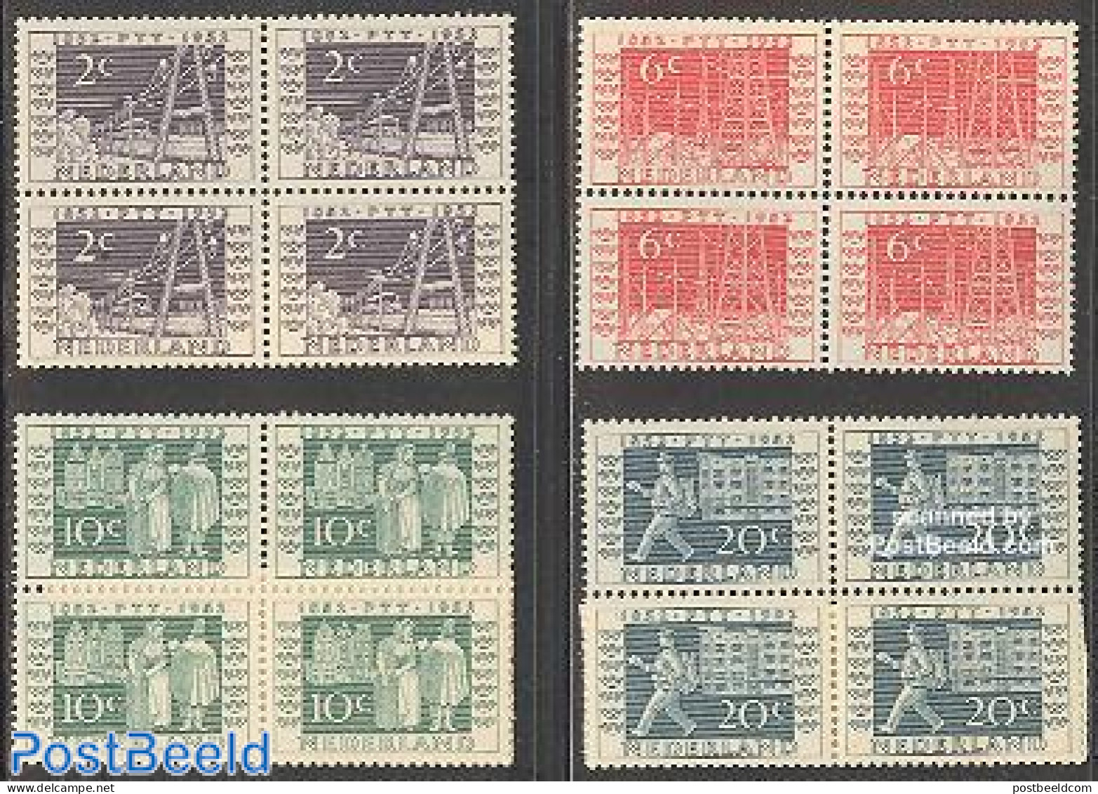 Netherlands 1952 PTT JUBILEE 4V BL.OF 4, Mint NH, Transport - Post - Railways - Ungebraucht