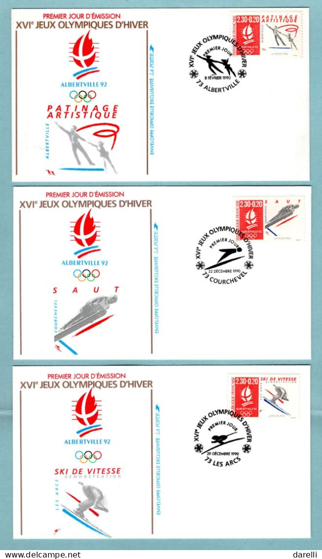 FDC France 1990  - XVIe JO - Jeux Olympiques D'hiver Albertville - Patinage, Saut, Ski De Vitesse - YT 2633 - 2674 -2675 - 1990-1999