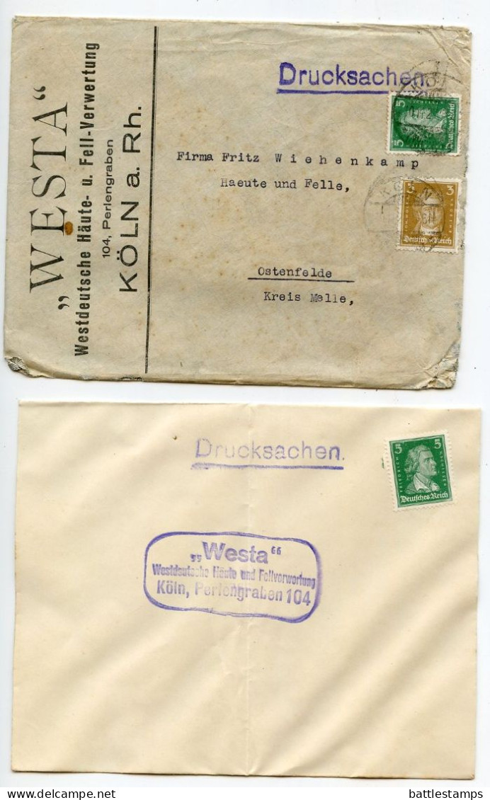 Germany 1927 Cover W/ Letter; Köln - WESTA, Westdeutsche Häute- U. Fell-Verwertung; 5pf. Schiller & 3pf. Goethe - Lettres & Documents