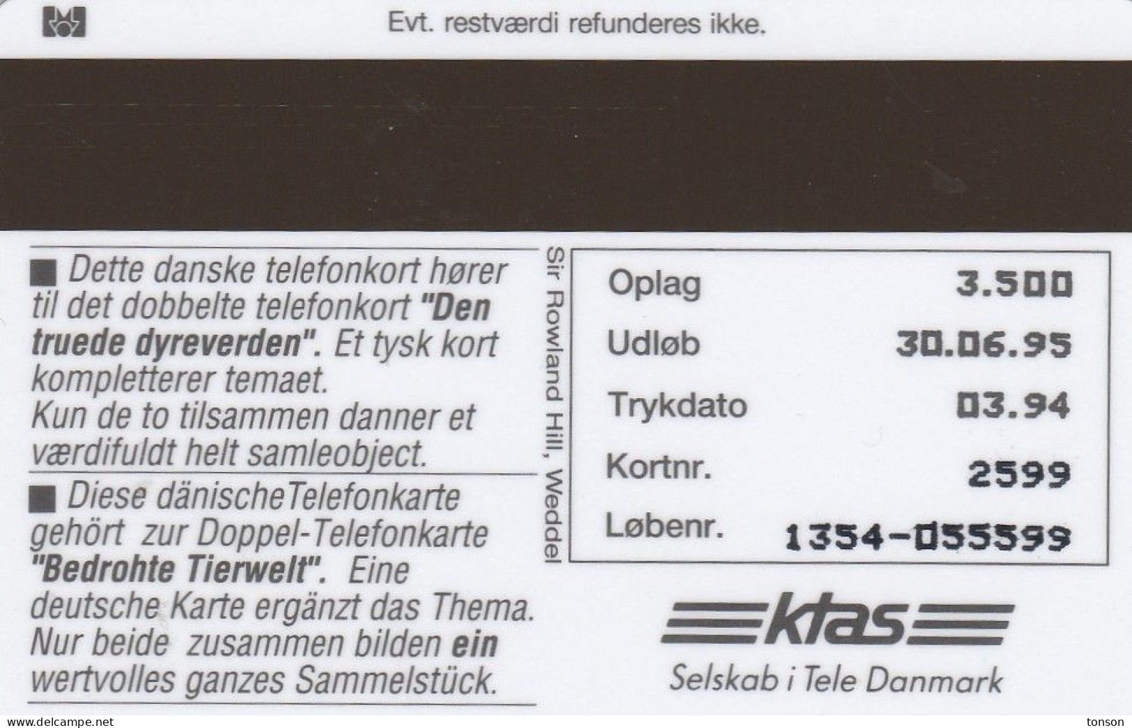 Denmark, KP 073, Rhinoceros (Puzzle 2/2), Mint Only 3500 Issued, 2 Scans. - Denmark