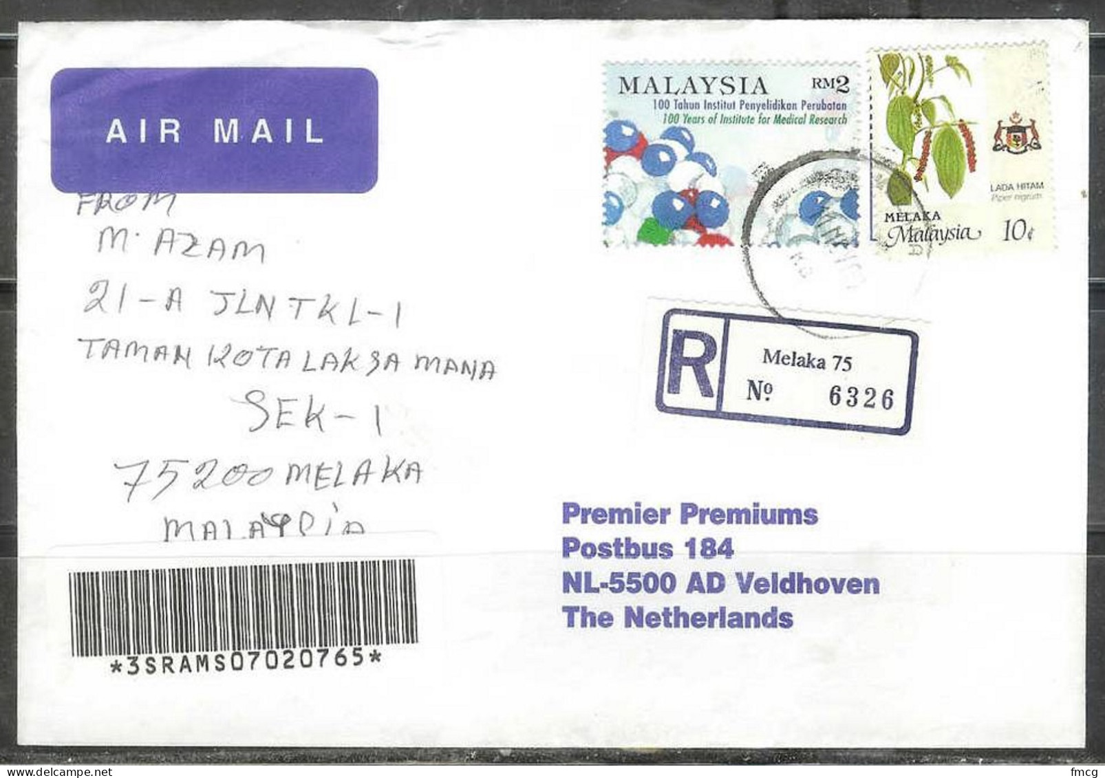 2000 Malaysia Postal History - Registered - Melaka To Netherlands - Malaysia (1964-...)