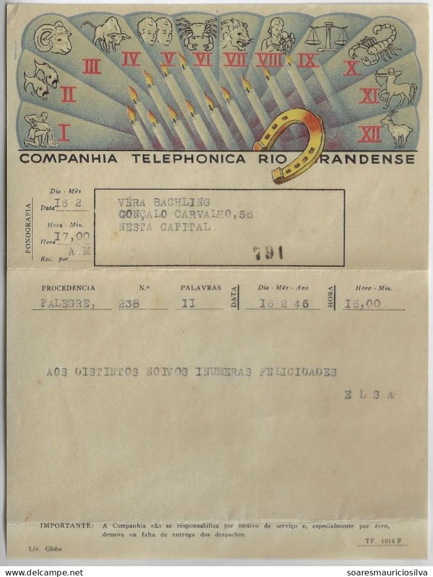 Brazil 1946 Telegram / Phonogram + Cover By Companhia Telefônica Rio Grandense Porto Alegre Zodiac Sign Candle Horseshoe - Brieven En Documenten