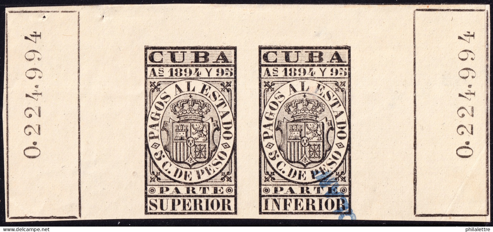 ESPAGNE / ESPANA - COLONIAS (Cuba) 1894/95 "PAGOS AL ESTADO" Fulcher 1135+1148 5c Sello Doble Usado (0.224.994) - Cuba (1874-1898)