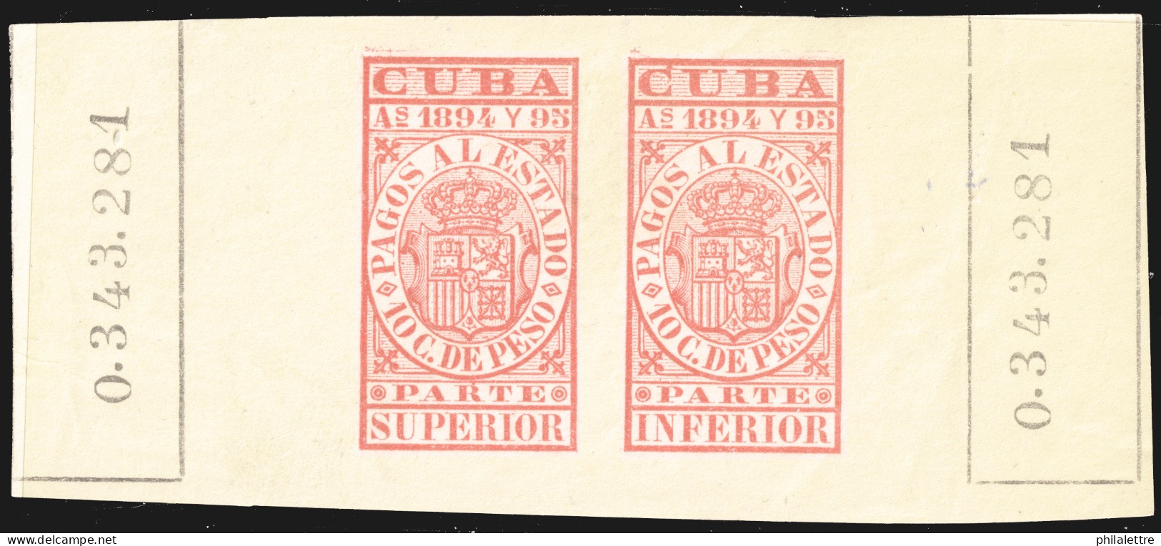 ESPAGNE / ESPANA - COLONIAS (Cuba) 1894/95 "PAGOS AL ESTADO" Fulcher 1137+1150 10c Sello Doble Sin Gomar (0.343.281) - Cuba (1874-1898)