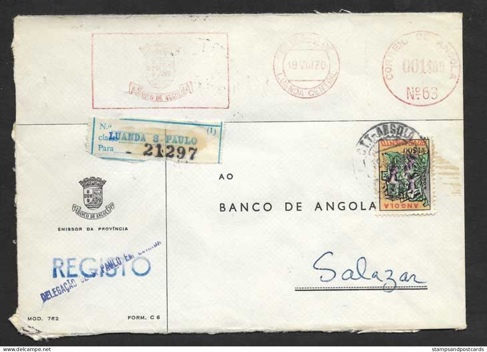 Angola Portugal EMA Cachet Rouge Banque De Angola Luanda A Salazar R + Timbre Taxe 1970 Bank Franking Meter + Postal Tax - Angola