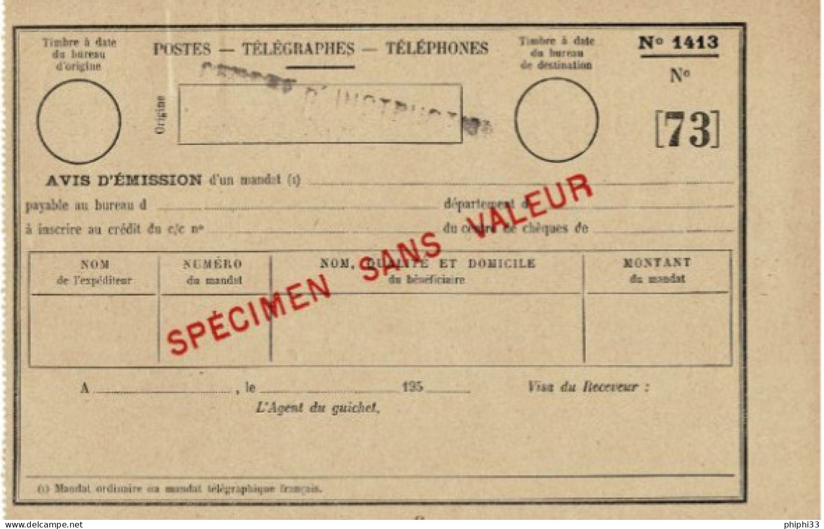 FORMULAIRE N° 1413 AVIS EMISSION DE MANDAT AVEC LA MENTION SPECIMEN SANS VALEUR - Documents De La Poste