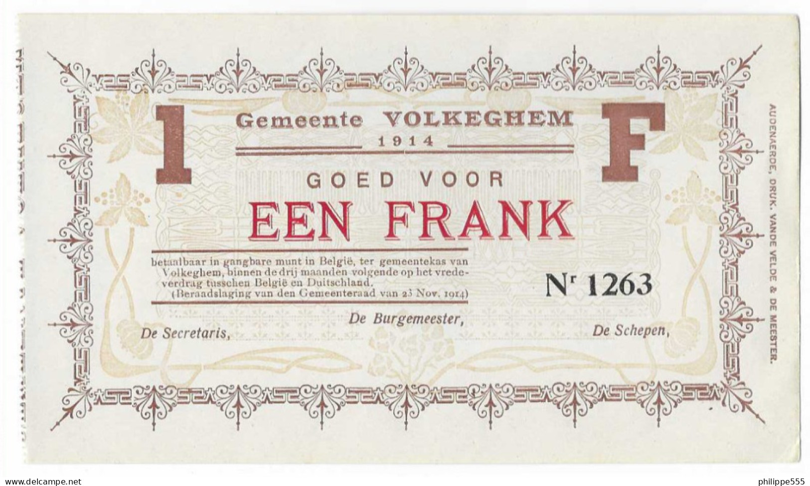 Noodgeld Volkeghem 1 Frank 1915 - 1-2 Francos