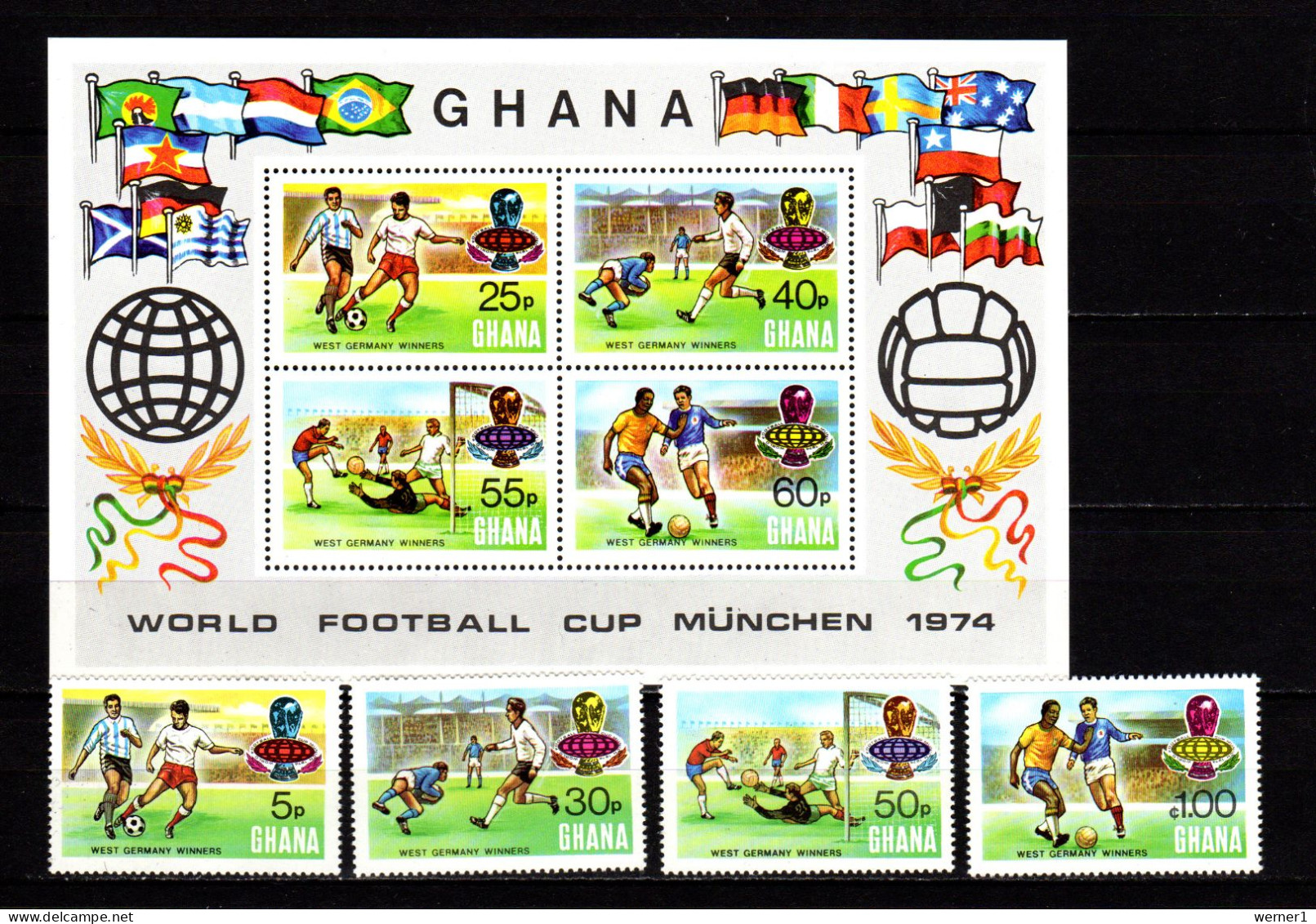 Ghana 1974 Football Soccer World Cup Set Of 4 + S/s With Winners Overprint MNH - 1974 – Westdeutschland