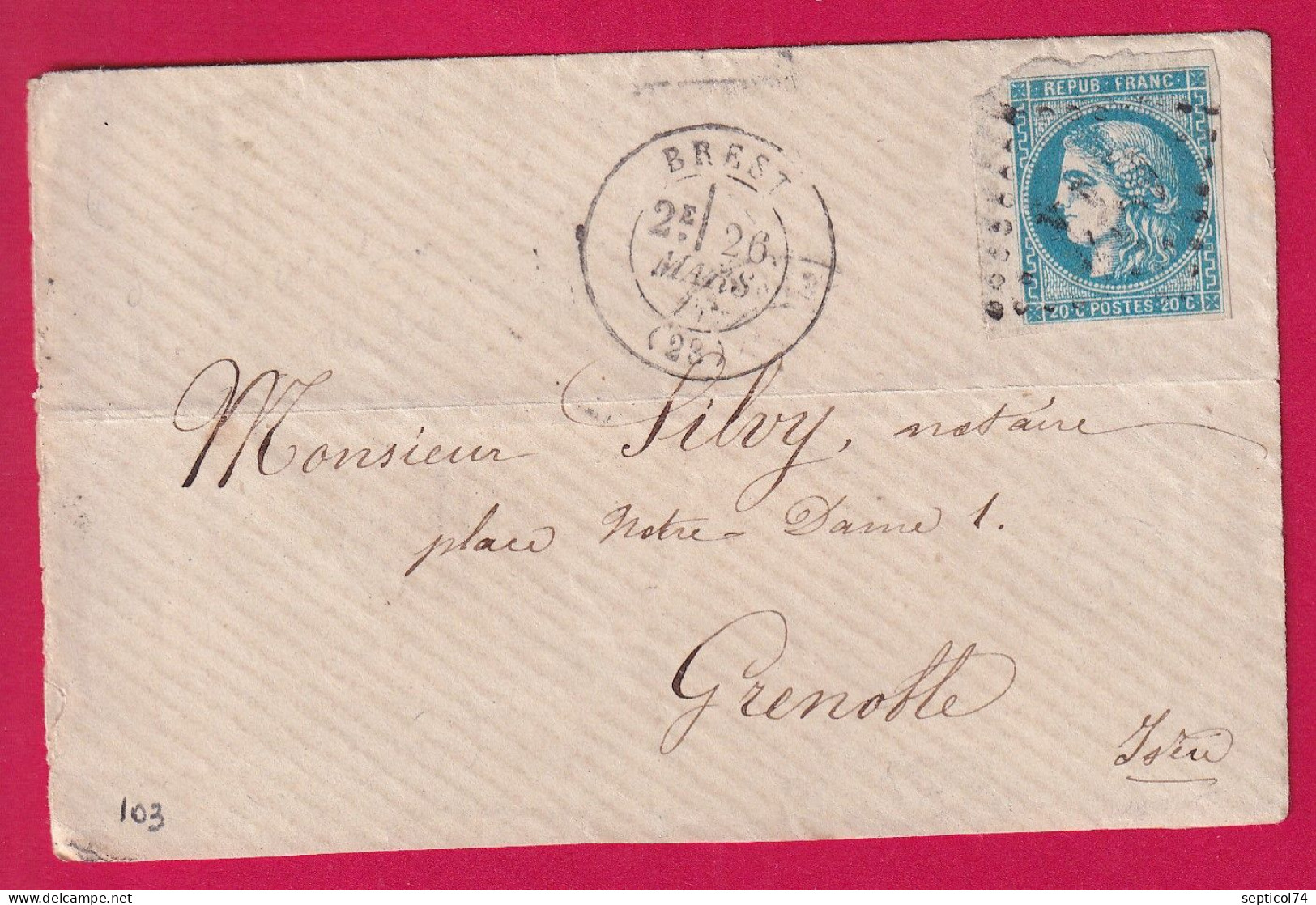 GUERRE 1870 N°46B BDF GC 611 BREST FINISTERE POUR GRENOBLE CONSEIL ADMIN 2E REGIMENT INFANTERIE DE MARINE LETTRE - Krieg 1870