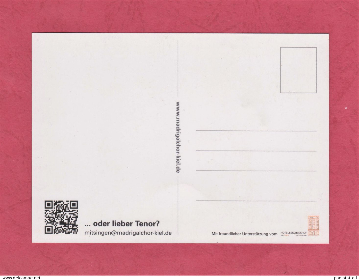 Advertising Post Card- Hotel Berlinerhof, Kiel ( Germany)- BASS. Stadard Size , New, Back Divided, Ed. Madrigalchor. - Hotels & Restaurants