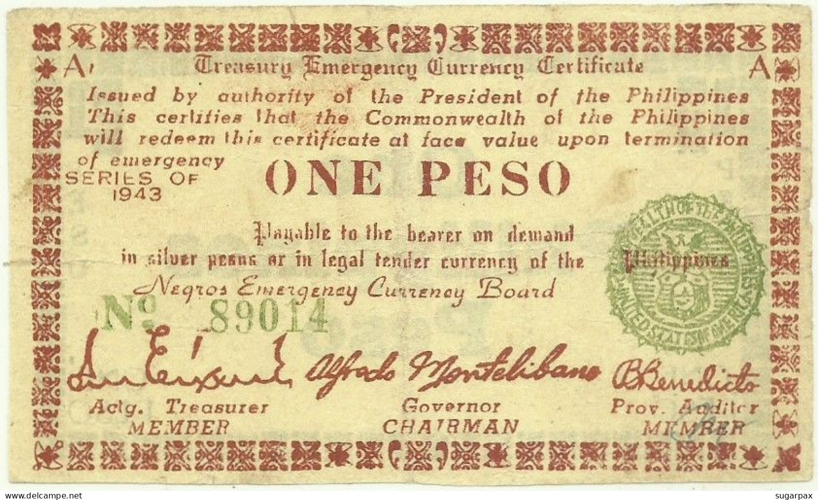 PHILIPPINES - 1 Peso - 1943 - Pick S 661 - Serie A1 - Negros Emergency Currency Board - Philippines