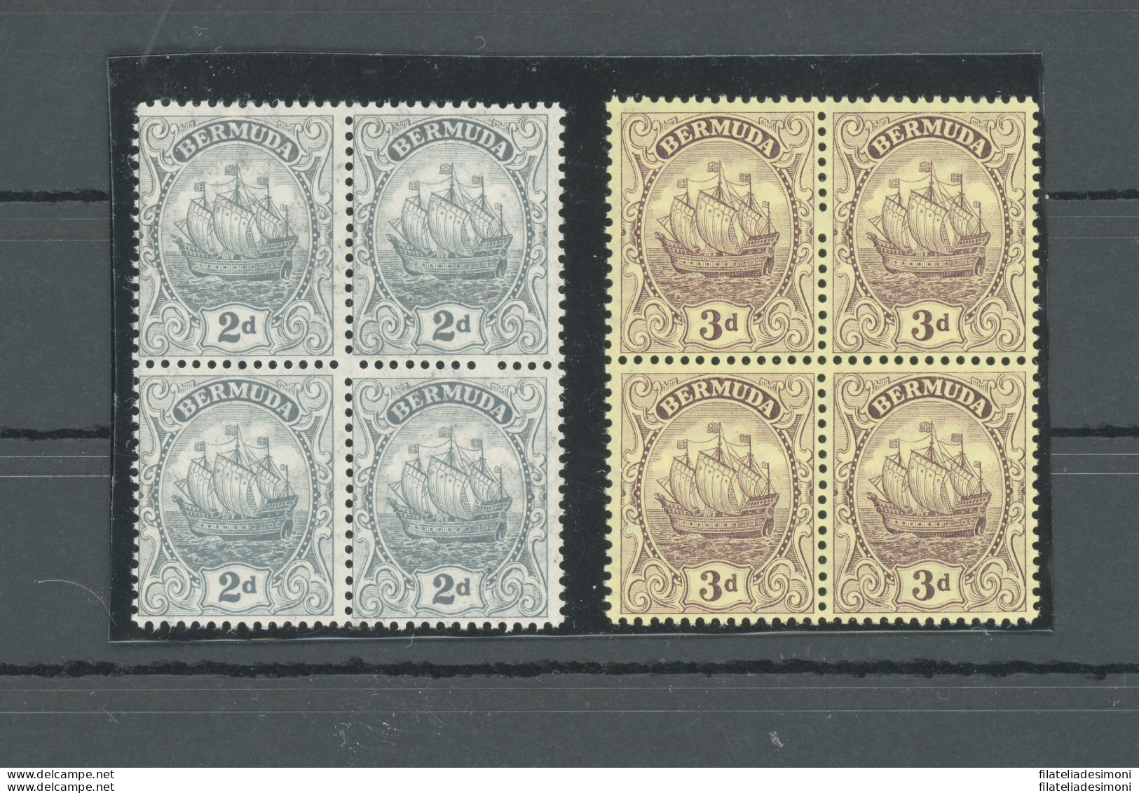 1910-25 BERMUDA, Stanley Gibbons N. 47-49 - 2d. Grey - 3d. Purple - Blocco Di Quattro - MNH** - Sonstige & Ohne Zuordnung