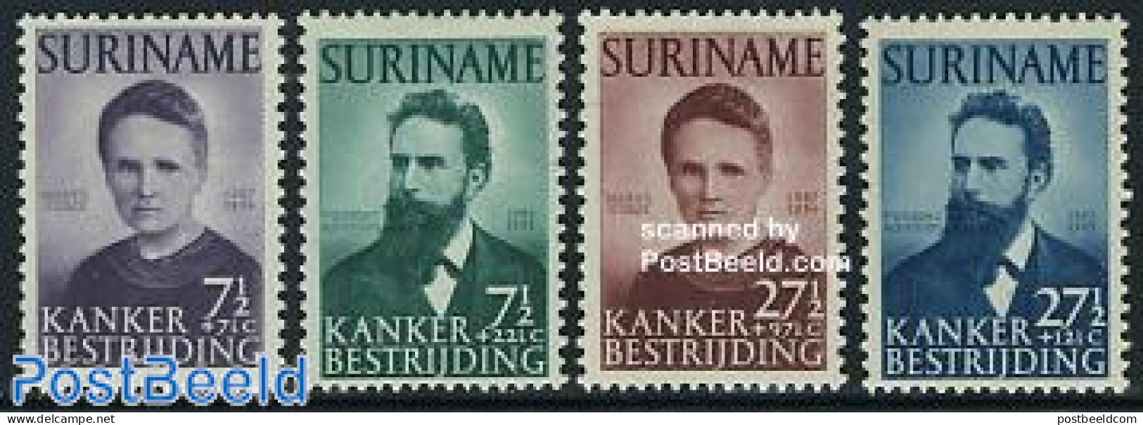 Suriname, Colony 1950 Rontgen/curie 4v, Unused (hinged), Health - History - Science - Health - Nobel Prize Winners - A.. - Premio Nobel