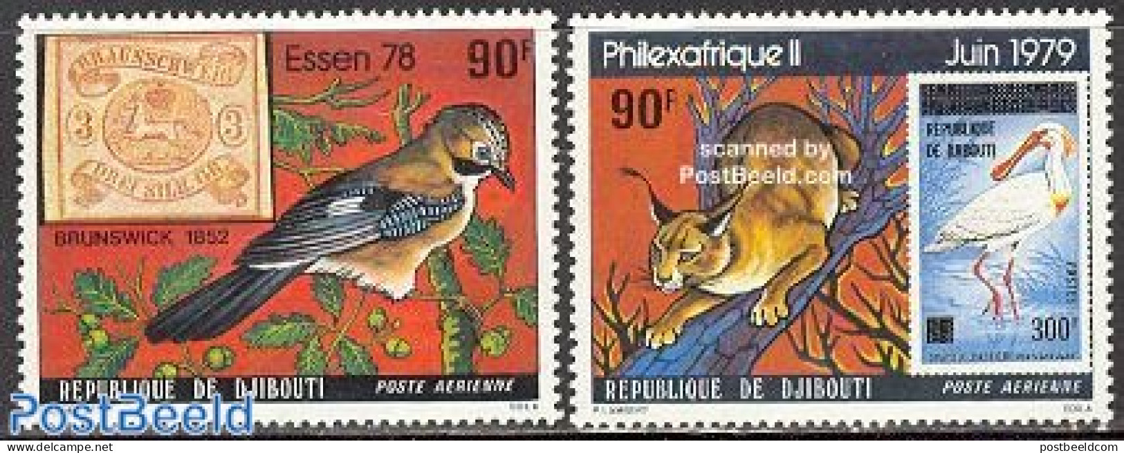 Djibouti 1978 Stamp Expositions 2v, Mint NH, Nature - Animals (others & Mixed) - Birds - Stamps On Stamps - Briefmarken Auf Briefmarken