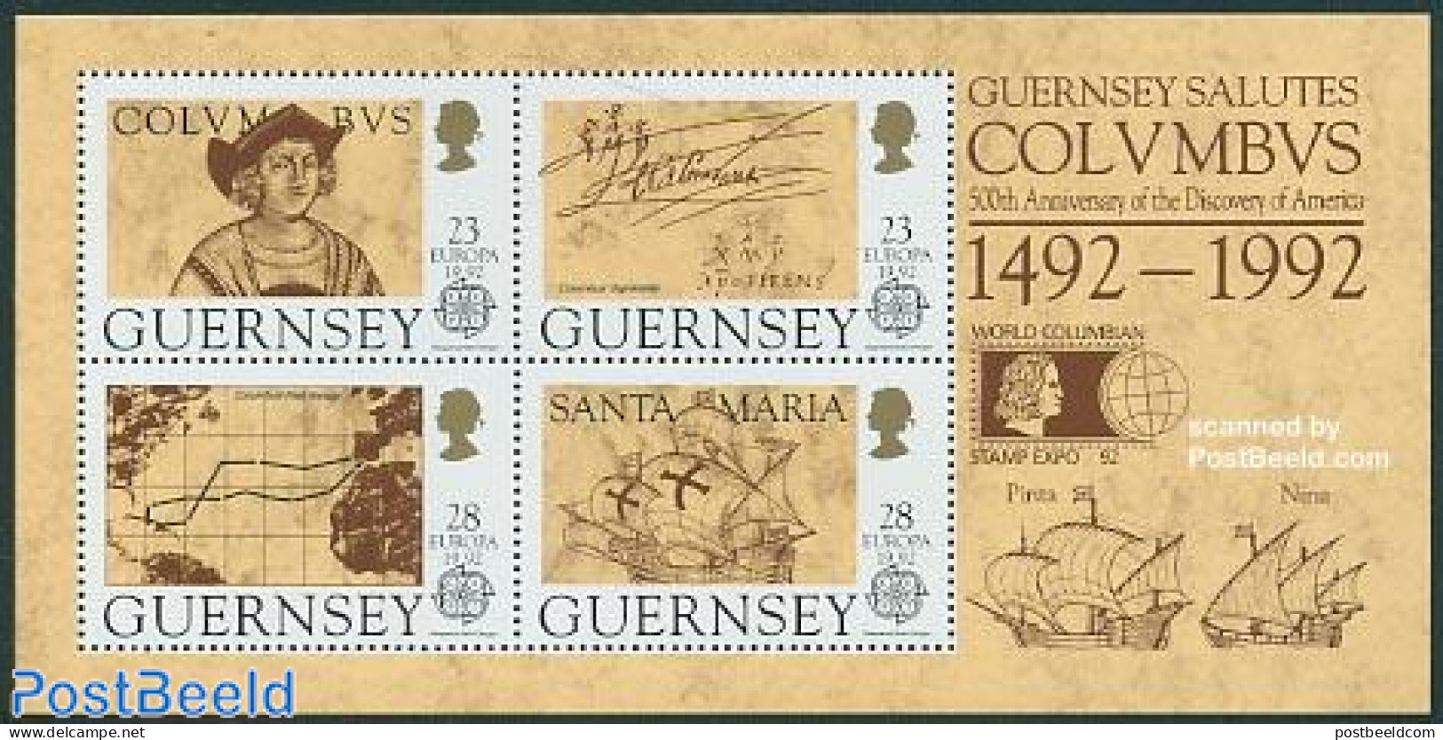 Guernsey 1992 World Columbian Stamp Expo Overprint S/s, Mint NH, History - Transport - Various - Europa (cept) - Explo.. - Esploratori