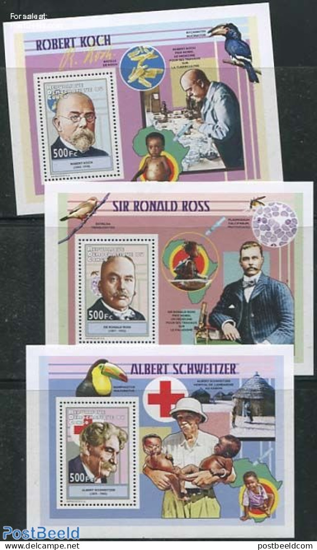 Congo Dem. Republic, (zaire) 2012 Schweitzer, Koch, Ross 3 S/s, Mint NH, Health - Health - Red Cross - Croix-Rouge