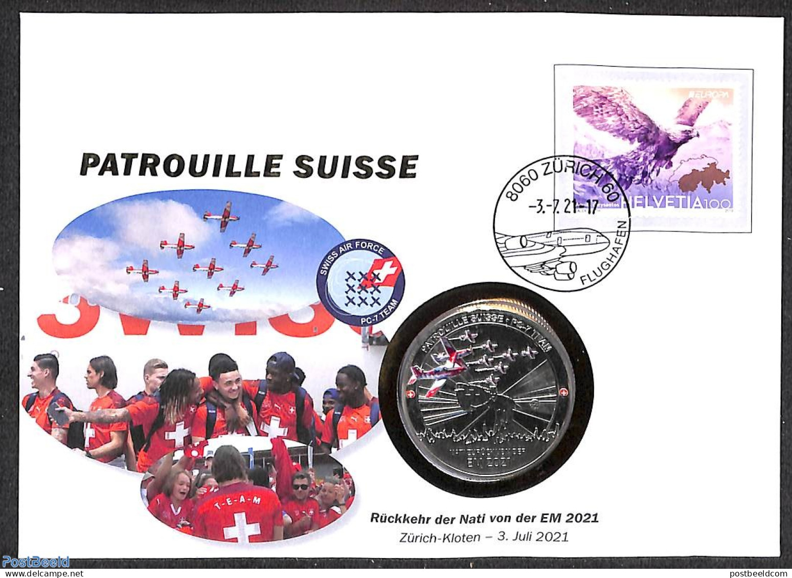 Switzerland 2021 Patrouilles Suisse Special Cover With Token (numisbrief), Postal History, Nature - Transport - Birds .. - Brieven En Documenten